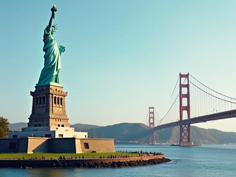 A view showcasing the Statue of Liberty and the Golden Gate Bridge. Clear blue sky with sunlight illuminating the landmarks. Tourists are present around the water. A sense of iconic American landmarks.