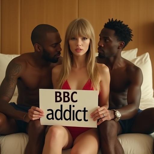 Scene in hotel room. Three people close together on bed. Woman holds sign 'BBC addict'. Woman has blonde bangs and long twintails. She wears bikini top and miniskirt. Two older black men are sitting beside her. They are close together.