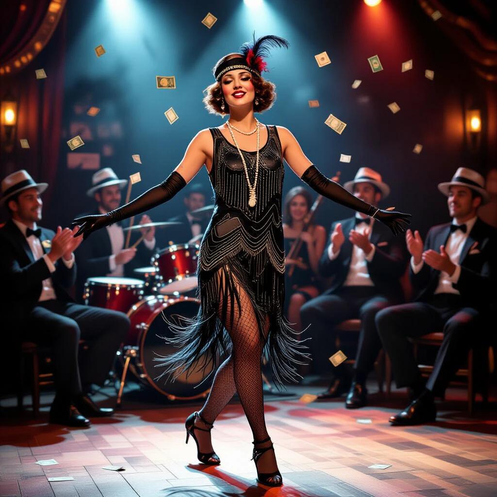 Glamorous flapper dances the Charleston on stage. Jazz band plays lively music in the background. Men in fedoras cheer and toss bills. Scene captures vibrant 1920s speakeasy energy realistically.