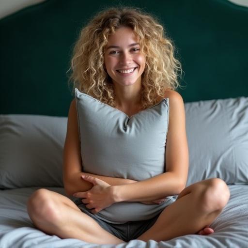 Photograph of a young woman with curly blonde hair sitting cross-legged on a bed. She hugs a gray pillow and smiles at the camera. The dark green velvet headboard serves as a background. The lighting is soft and diffused, highlighting her features. The composition emphasizes comfort and natural beauty.