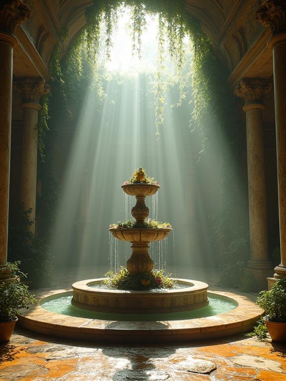 Ancient temple interior features an ornate fountain. Sunlight streams through a collapsed ceiling. Marbled floor glistens with moisture. Rich faded murals on walls. Vines and greenery create a sense of nature. Tranquil and reverent atmosphere enhanced by intricate details. Water droplets and shadows convey a mystical aura.
