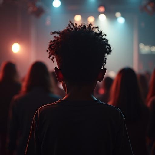 A cinematic shot focuses on a young black boy with curly hair and glasses watching a film studio set. The scene is dimly lit with a mystical glow. The viewer sees the boy's back amidst a crowd. The atmosphere is filled with anticipation.