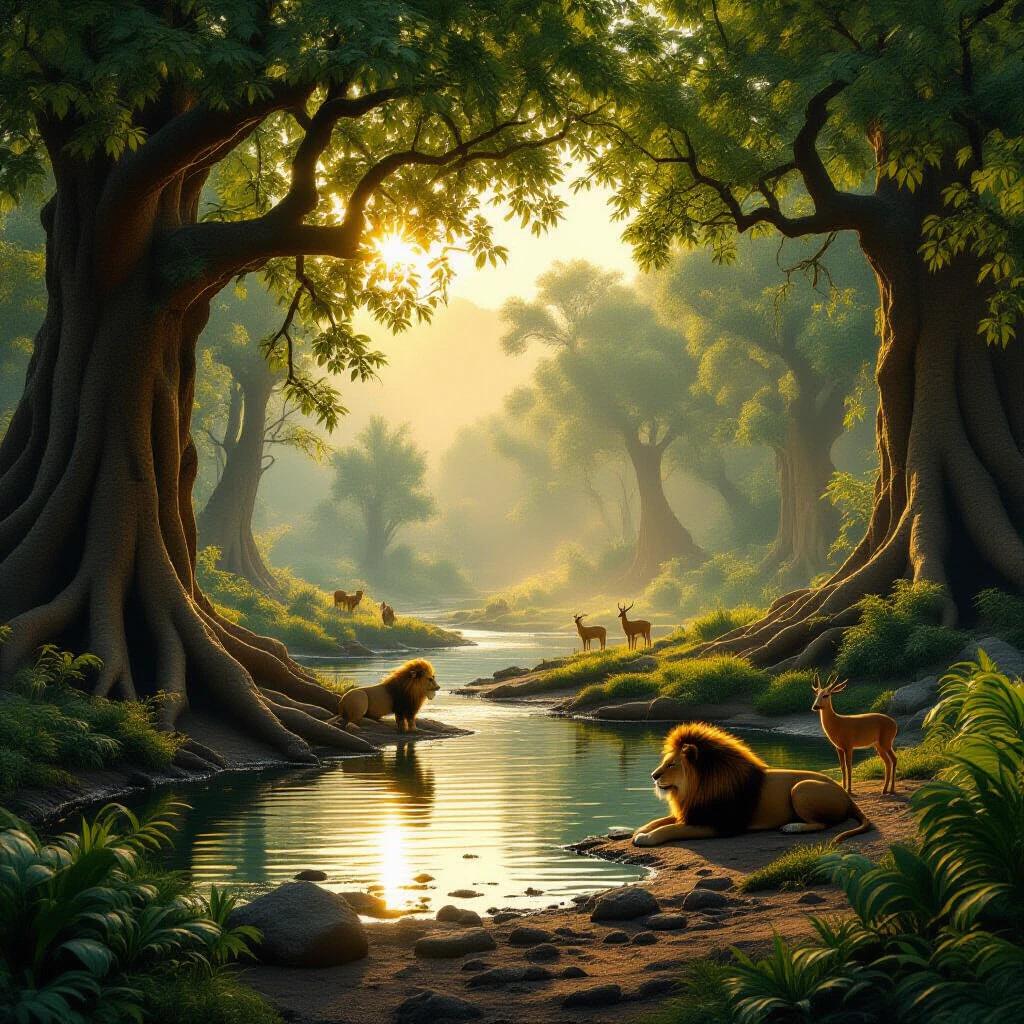 Primeval forest at dawn in Mesopotamia. Lush vegetation with towering cedar trees. Misty watering hole where animals gather. Golden sunlight filters through foliage. A lion drinks peacefully while gazelles graze. Sacred atmosphere untouched by civilization. Highly detailed and hyper-realistic style.