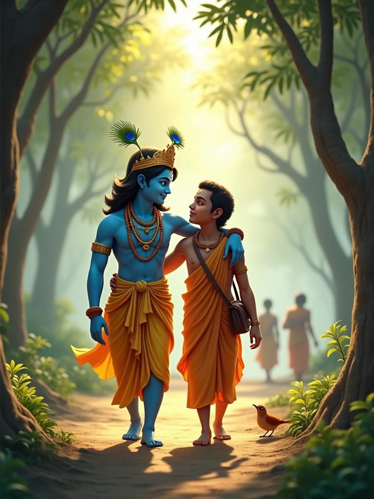 3D style high-resolution image of Lord Krishna and Sudama walking together in a serene forest. Krishna with divine blue complexion wears a golden crown with peacock feathers. He has a vibrant yellow dhoti and garland. Sudama dressed in saffron robes carries a small bag. Krishna places his arm around Sudama's shoulder. Soft sunlight shines through the trees creating a peaceful atmosphere. A small bird flutters nearby. Silhouettes of other figures in the background enhance depth.