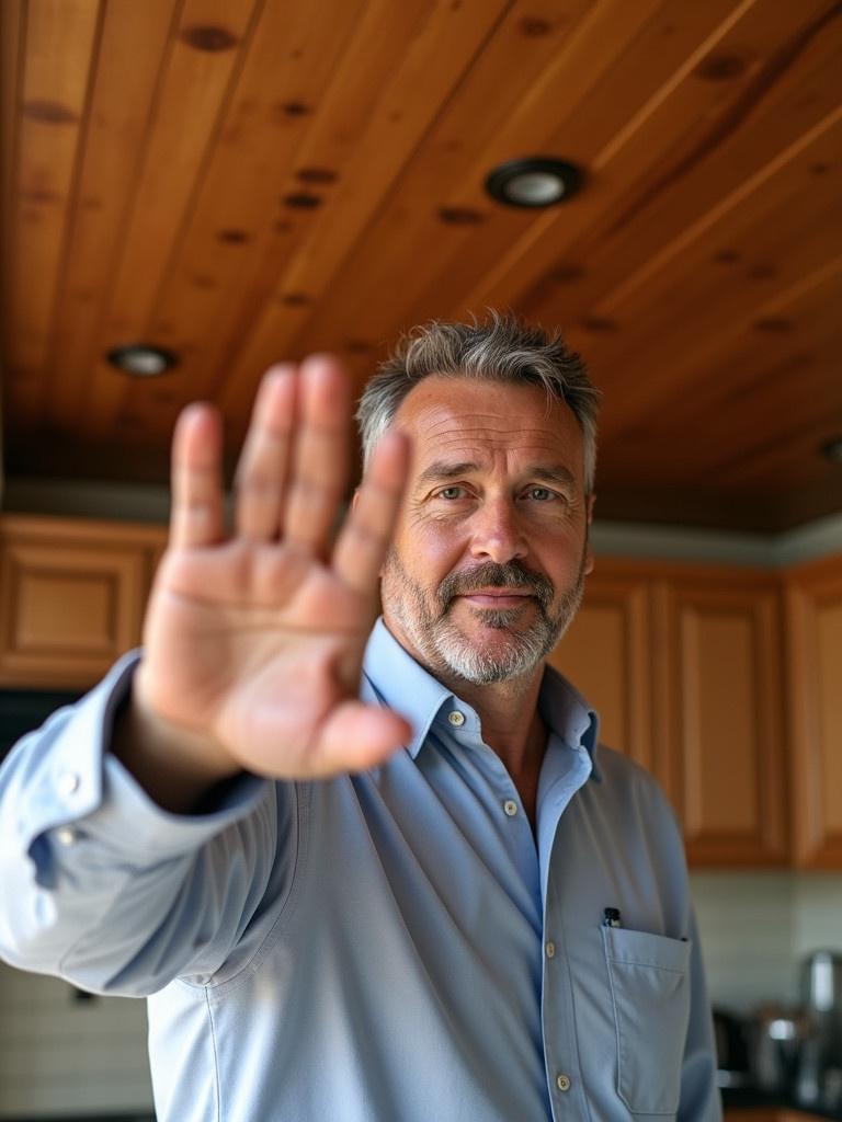 The image shows a person indoors with a relaxed posture. The setting features wood ceiling and cabinets. Natural light fills the space. The hand is raised to showcase a watch. The atmosphere feels casual and inviting.