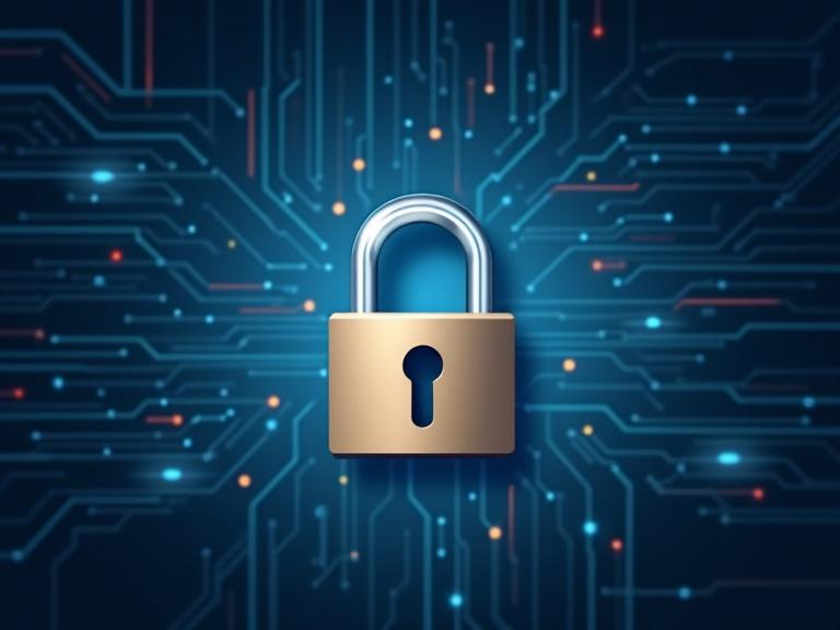 A lock symbolizing data protection and privacy placed in a digital environment. The background features interconnected circuitry lines with a blue glow.
