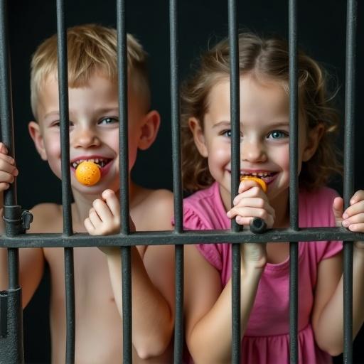 Two ten-year-old children play inside a locked cage. A boy and a girl smile while holding oversized pacifiers. One child holds the cage bars tightly. Another child looks joyfully through the bars. Bright atmosphere with a playful theme.