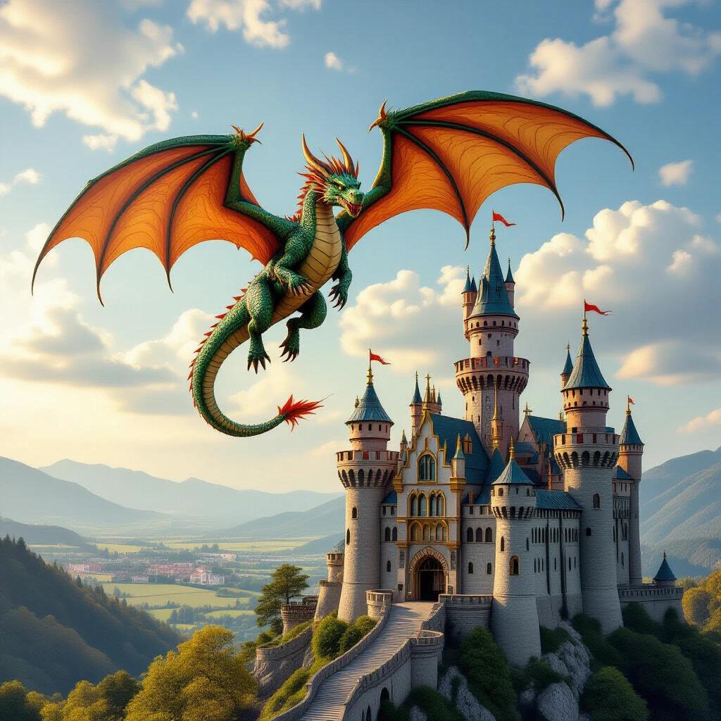 image of a dragon flying over a castle