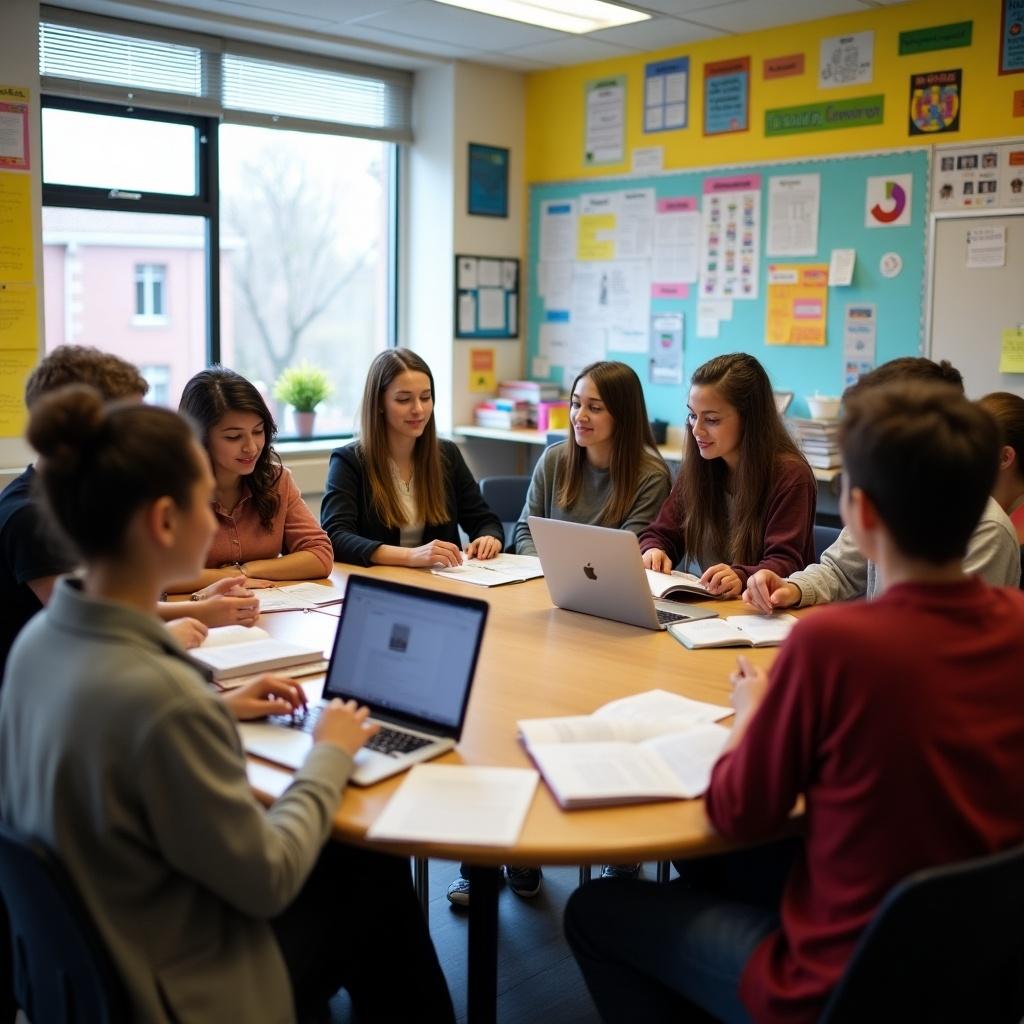 Group of students collaborating in a classroom. Diversity among students is visible. They are focused on laptops and books, discussing topics. Natural light brightens the room. Walls decorated with educational materials.