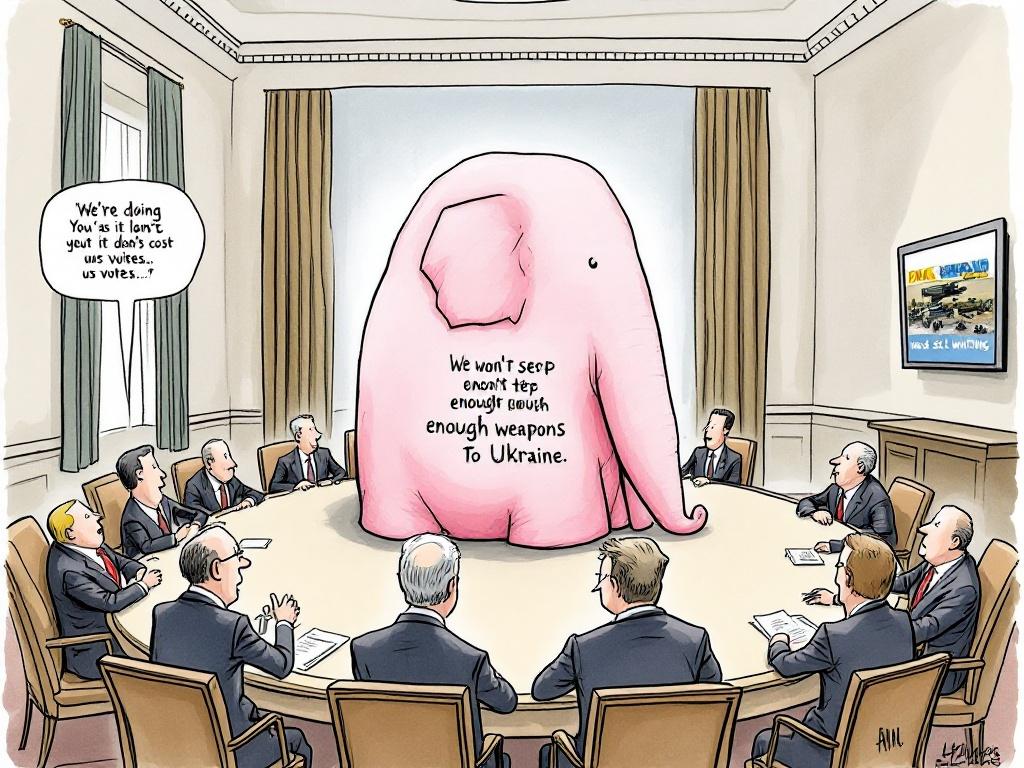 A cartoon features a large pink elephant in a U.S. government meeting room. The elephant's belly says we won't send enough weapons to Ukraine. U.S. politicians around the table ignore it. One says we’re doing everything we can while another whispers about votes. A TV shows Ukraine under attack with the words weapons paid, still waiting.