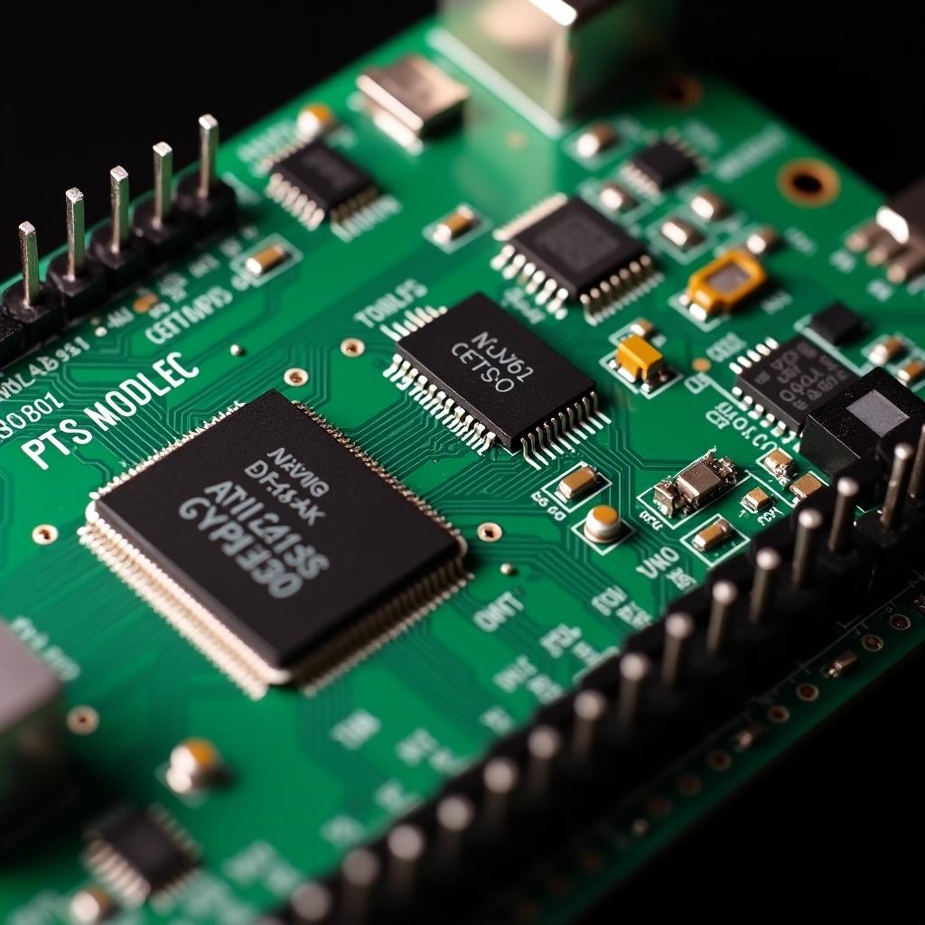 Close-up view of an electronic circuit board. Macro photograph of a green microcontroller board. Various electronic components and connectors showcase in dark backdrop. Schematic diagram highlights connections of microcontroller and sensors.