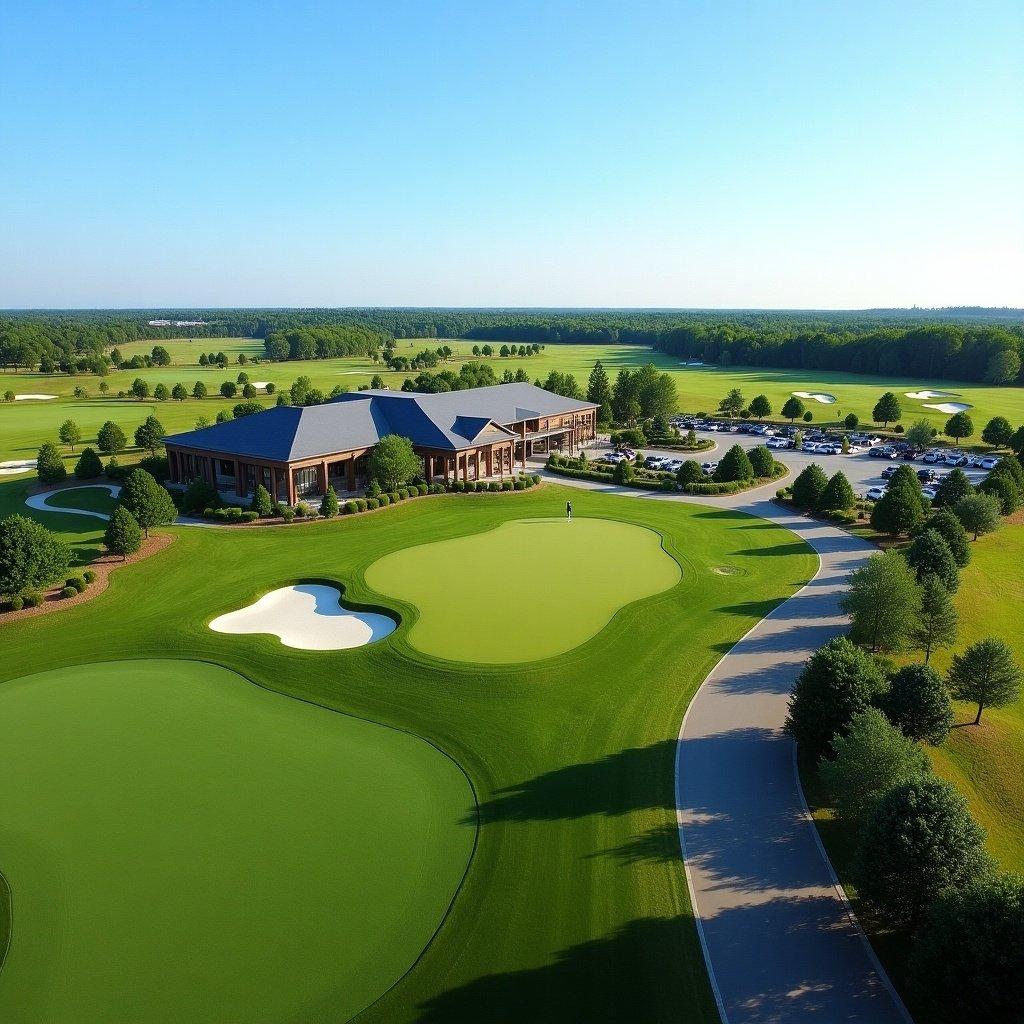  Golf course with 18 holes features a clubhouse centrally located. Image shows a parking lot and an access road. Scenic outdoor setting with green lawns and clear skies.