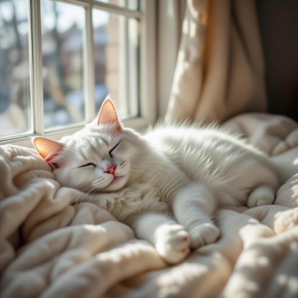 Image shows a white cat sleeping on a windowsill. Cat enjoys warm sunlight. Green eyes appear bright. Body is soft and fluffy, complementing the blanket. Background window lets in soft light, adding a warm tone. The entire image conveys tranquility and relaxation, as if time is standing still.