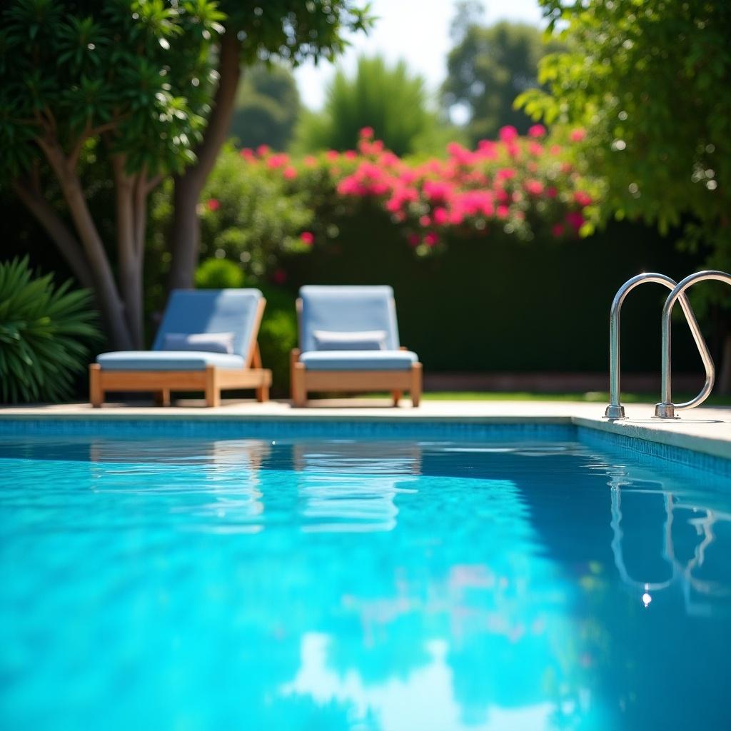 Serene swimming pool setting with clear blue water. Wooden deck chairs beside the pool. Lush greenery and blooming flowers in the background.