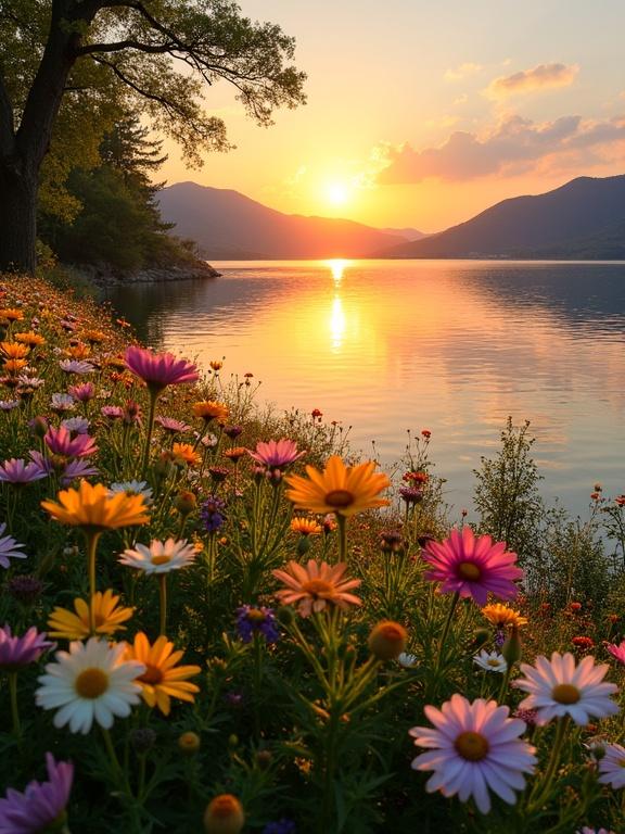 A vibrant flower garden blooming beside a peaceful lake at sunset. Golden rays of the setting sun reflect on the calm water. Colorful blossoms in yellow, white, pink, and purple dance in the evening breeze. Surrounded by trees and gentle hills. A magical natural scene.