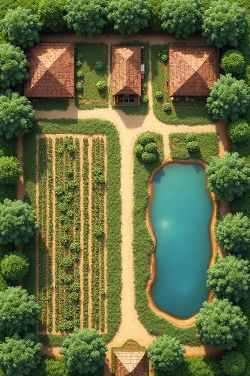 Design a farm layout that maximizes efficiency on 12 acres. Include multiple crop plots for rotation. Add a raised homestead area. Place a workers’ housing zone at a distance with brick sheds. Include pathways for access. Design a pond for aesthetics and irrigation. Suggest wildlife barriers.