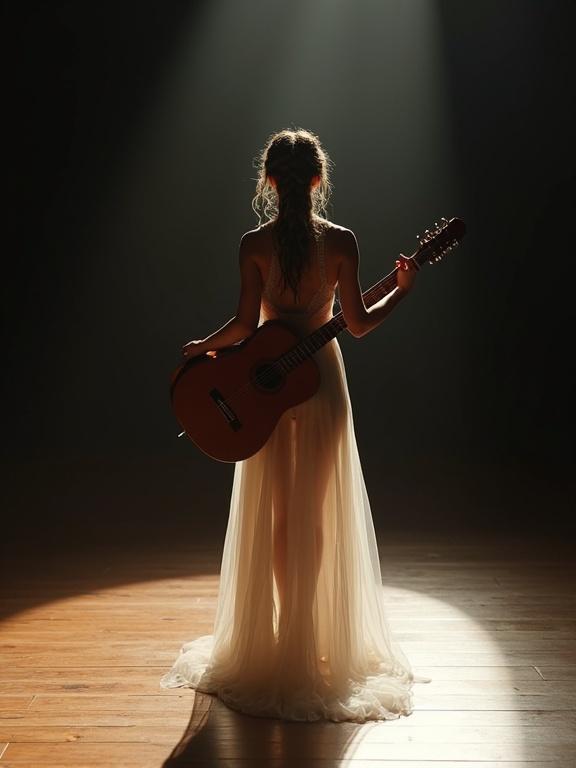A graceful female singer stands on a wooden stage, seen from behind. She has long silver braided hair and wears a flowing, transparent dress. She holds a guitar and soft shadows stretch across the floor. The scene feels emotional and intimate.