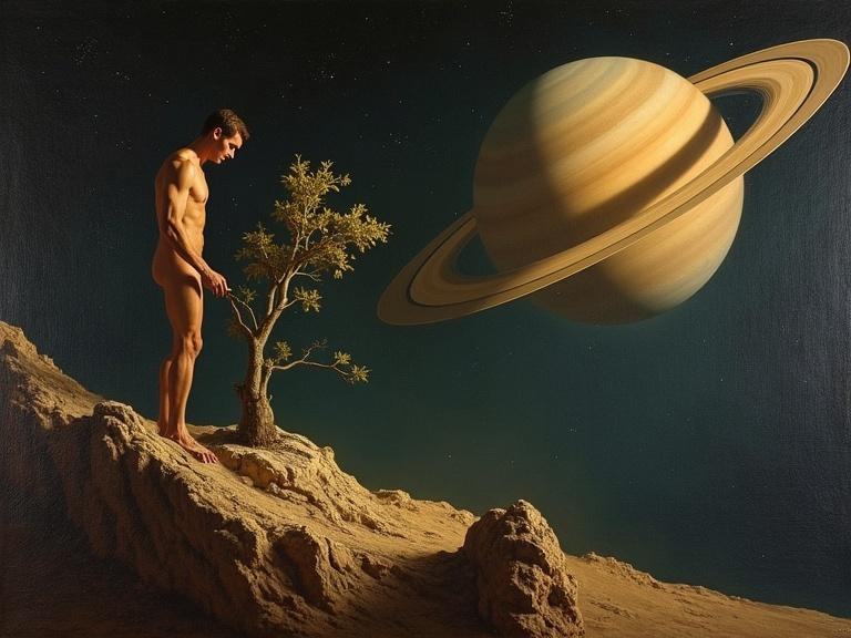 An oil painting depicting a nude man planting a glowing tree on a small asteroid in deep space. The asteroid is rocky and pitted. The background features the vast rings of Saturn. The scene uses dramatic chiaroscuro lighting with contrasts. Classical balance is followed in composition with rich textures.