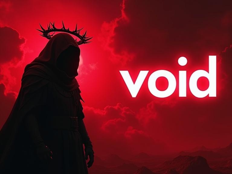 Futuristic YouTube banner with red and black theme. Mysterious hooded statue with crown of thorns on left side. Dramatic red clouds in background. Bold white text 'void' on right. Cinematic lighting and dark moody atmosphere. Resolution 2560x1440 with safe zone.