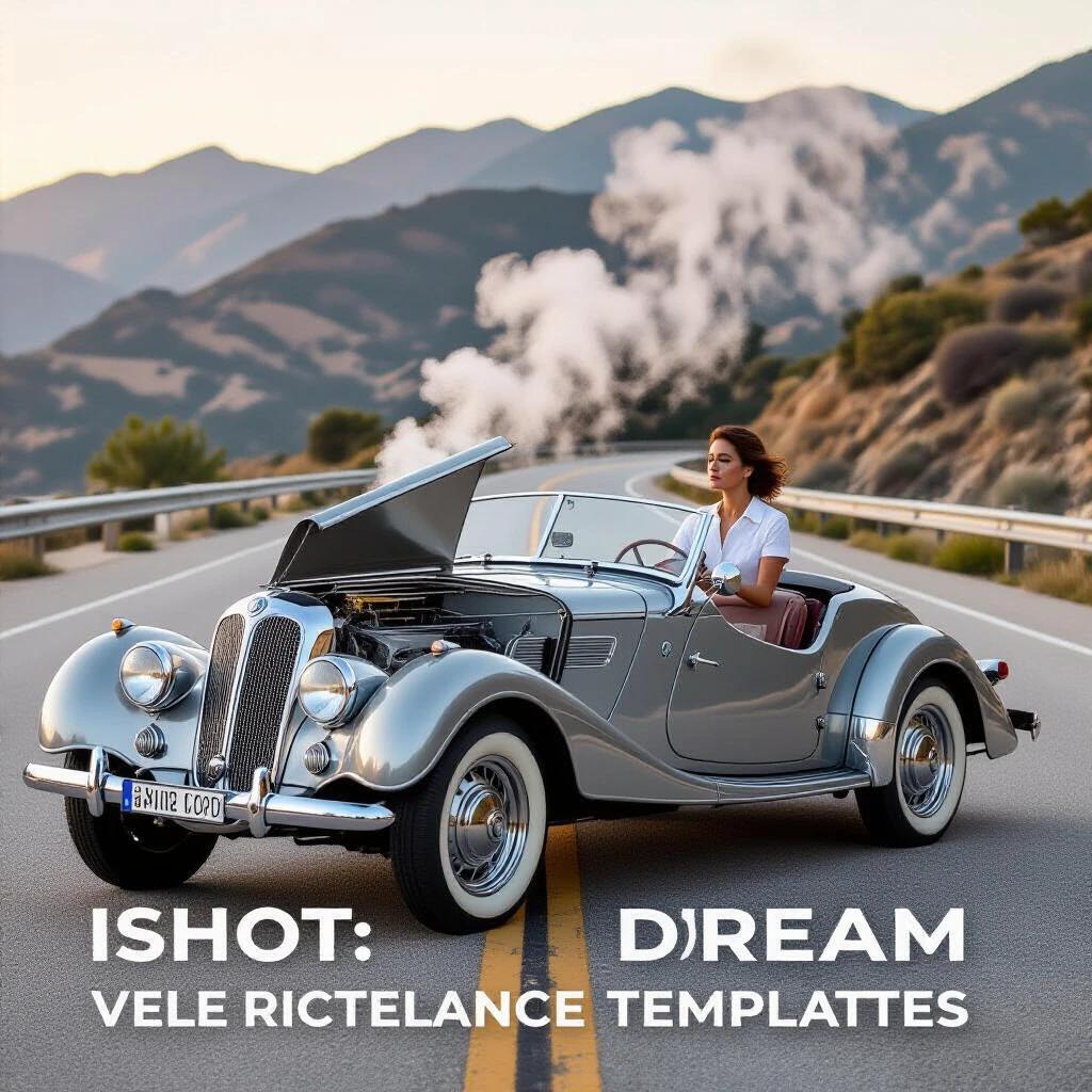 1936 BMW 328 Roadster stalled on a coastal highway. Vehicle silver color with hood panels propped. Massive steam coming from radiator. Door open 90 degrees. Woman inspecting engine steam. Background features mountainous road in golden hour light. Shot with a Leica III camera.