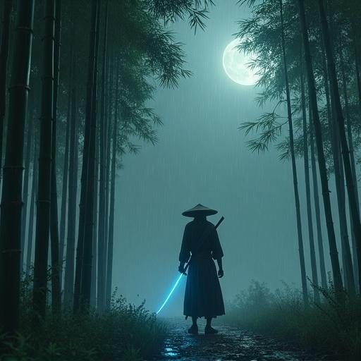 Photorealistic scene of a lone samurai in a rain-soaked bamboo forest at dusk. Figure occupies 5% of the image, slightly off-center in lower-right quadrant. Bamboo stalks sway, wet leaves glisten under crescent moonlight. Samurai in weathered black kimono and straw hat grips a katana with a glowing edge. Calm yet resolute stance. Steady raindrops pooling on forest floor, reflections of neon blue light. Muted color palette with deep greens and silvers, occasional neon accents. Emphasizes solitude, discipline, and resilience.