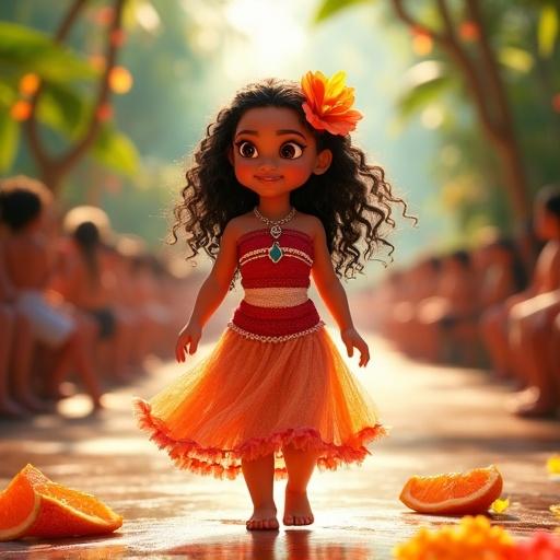 Baby Disney princess Moana walks confidently down a tropical catwalk. She twirls in a dress made of red and orange fruits. Hair adorned with flowers. Bright colorful lighting enhances the whimsical atmosphere of the fashion show. Digital illustration in the style of Claire and Glen Keane.