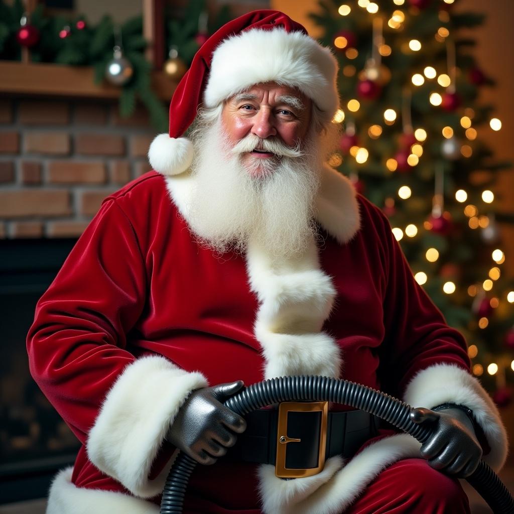 Santa Claus dressed in red cleaning with a vacuum in a festive living room setting with Christmas decorations and a fireplace.