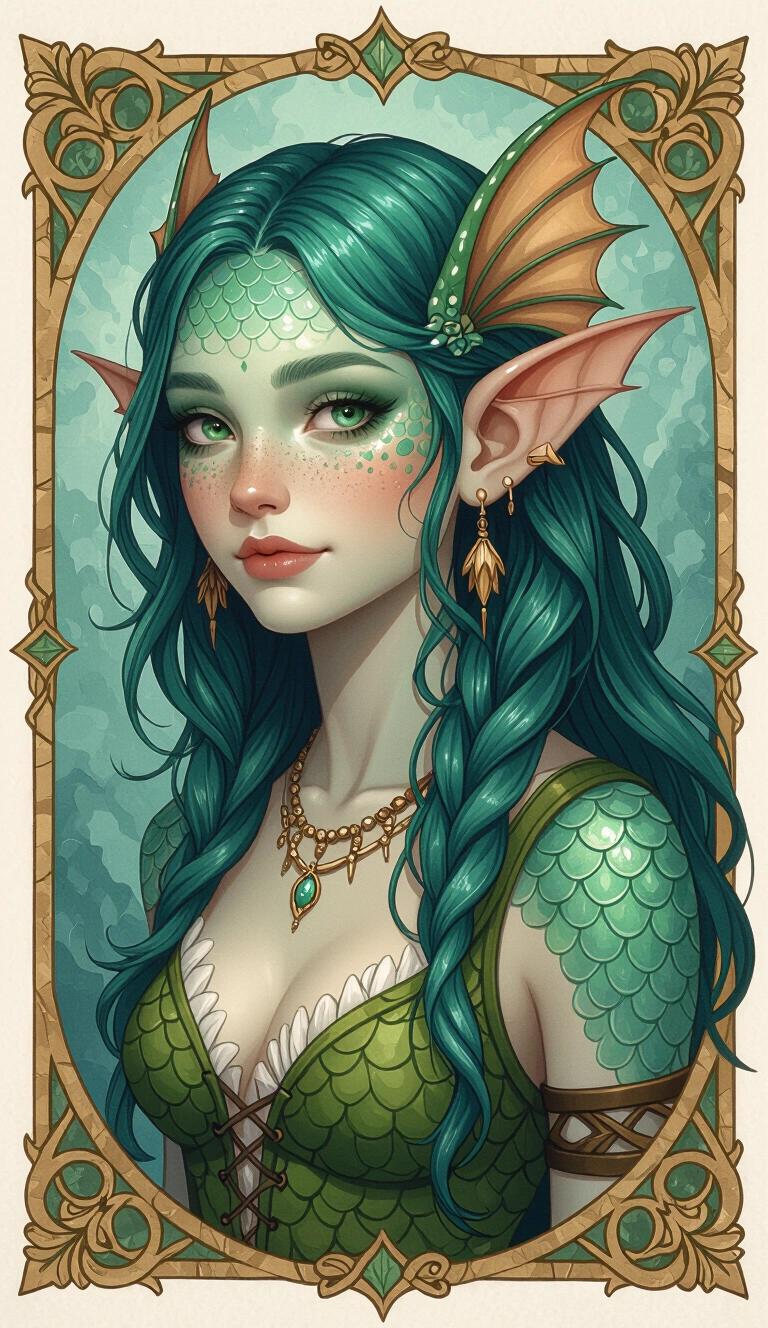 Fantasy creature portrait of a druidic young female character. Amphibian features with teal skin and green hair. Clothing evokes a Theros-inspired theme. Intricate accessories. Emphasize fantasy elements without using any typical human traits.