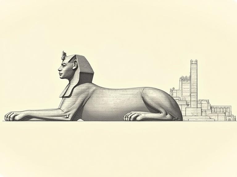 Architectural drawing of an ancient Egyptian sphinx. The scene includes elevation and section view details. The sphinx appears in a detailed, sketch-like style with an abstract background.