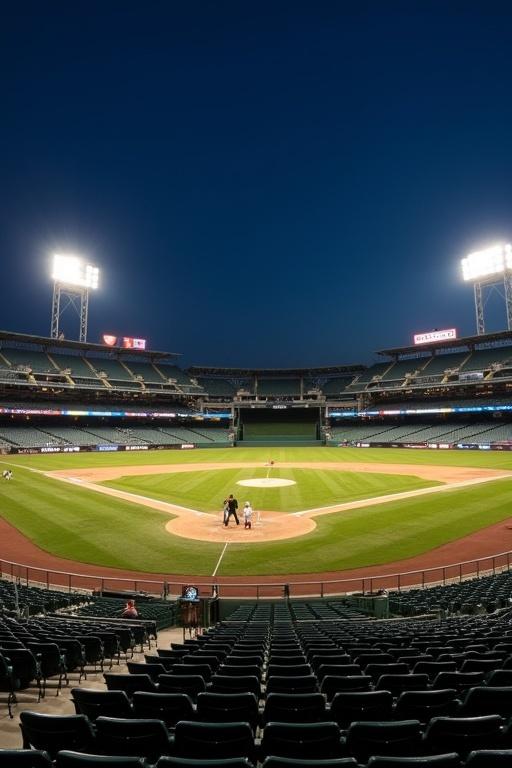 Empty baseball stadium at night clear view of the field.