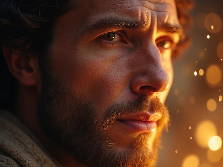 Close-up of a man's face showing a glowing expression. Translucent sound waves form around him. Illustrative and symbolic style with soft lighting. Image has a 9:16 aspect ratio.