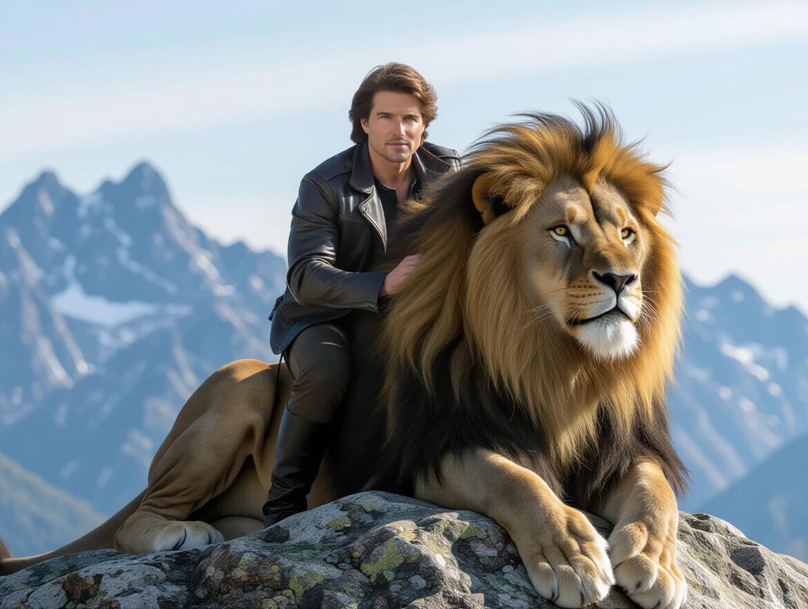 A young man with average long hair rides a majestic lion atop a rock in the mountains. The scene is bright and spirited, showcasing a blend of adventure and wildlife.