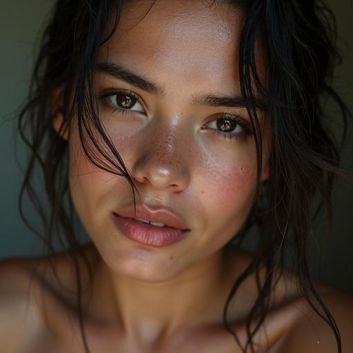 Skin appears wet with droplets shining. Close-up of shoulders and collarbone. Natural beauty emphasized through lighting. Warm tones create inviting atmosphere.