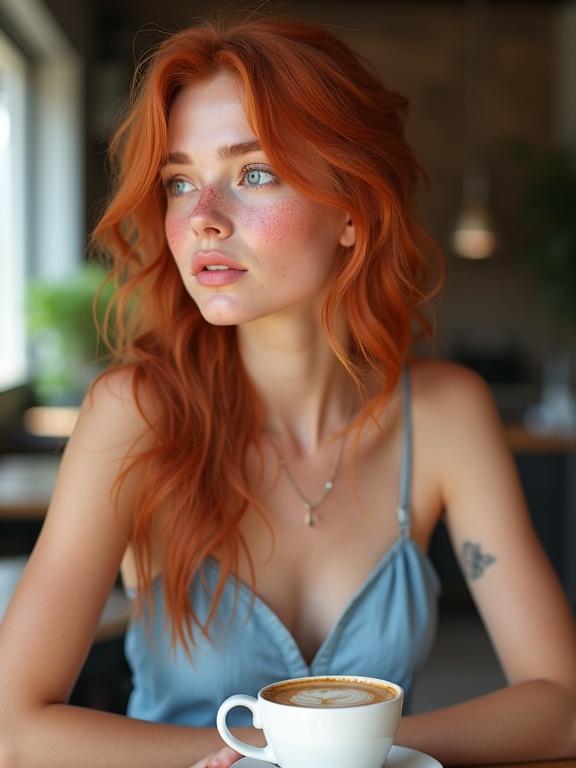 Portrait of a young woman with red hair and freckles. She has bright blue eyes and full pink lips. Dressed in a light blue sundress. Sitting at a table with a coffee cup in front of her. Her expression is thoughtful. Looking to the left from our perspective.