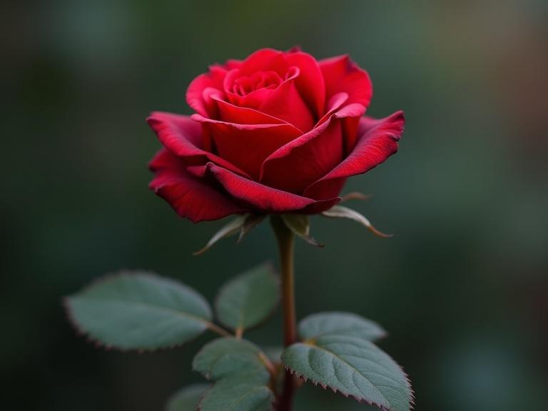 A striking close-up image of a vibrant red rose. The rose is lush and elegantly shaped. The background has a soft blur that enhances the beauty of the rose. Captures the freshness of the flower in full bloom. Ideal for romantic themes and nature appreciation.