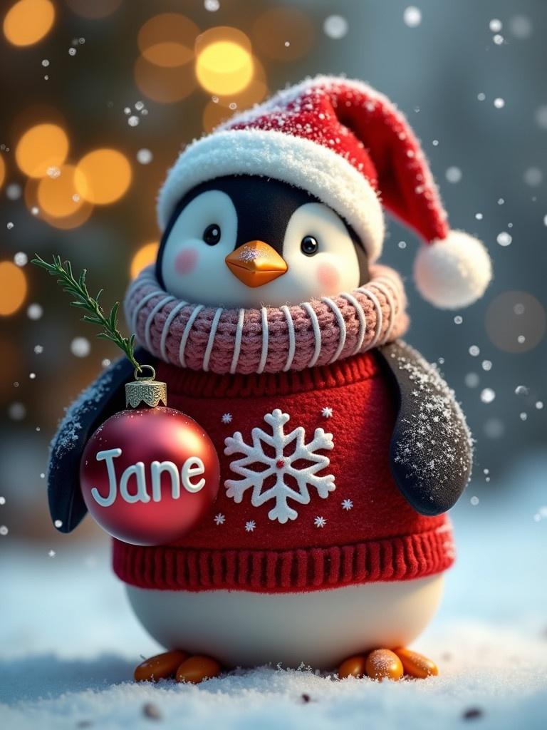 Penguin in a Christmas jumper holding a bauble with the name Jane. Festive background filled with lights and snow covering the ground.