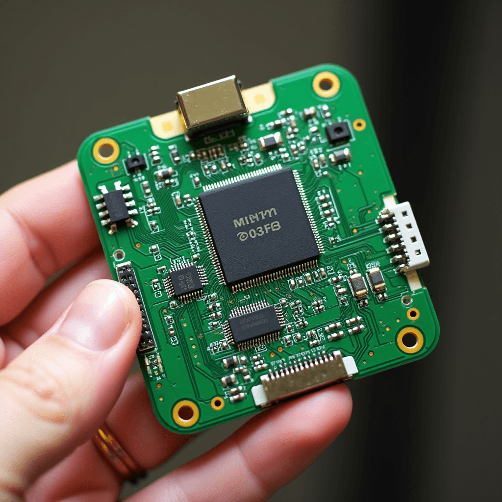 A person holds a small green circuit board with various electronic components.