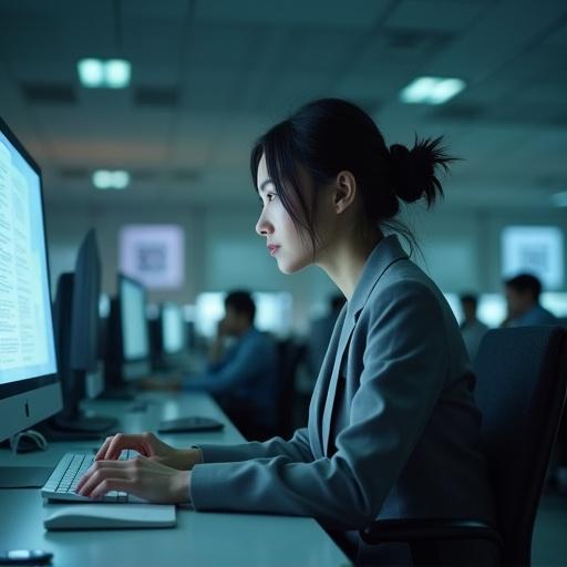 Ultra-photorealistic image of a tired woman in a gray business suit sitting at an office desk. Dimly lit office with cubicles and lifeless decor. Computer screen glows cool blue. Semi-transparent QR codes float around. Mood is heavy and cold. Faces of other workers appear emotionless. Subtle depth of field makes the woman sharply in focus.