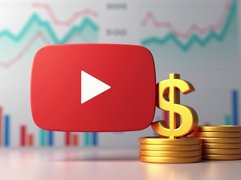YouTube play button icon displayed next to a golden dollar sign and stacks of coins. Background features analytical graphs showing financial trends and a smiling content creator.