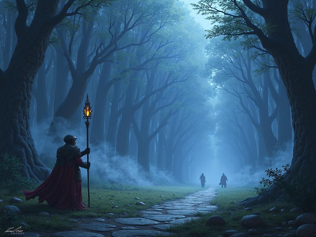 A fantasy scene featuring a cloaked figure holding a glowing staff standing in a foggy forest path with towering trees and distant figures approaching.