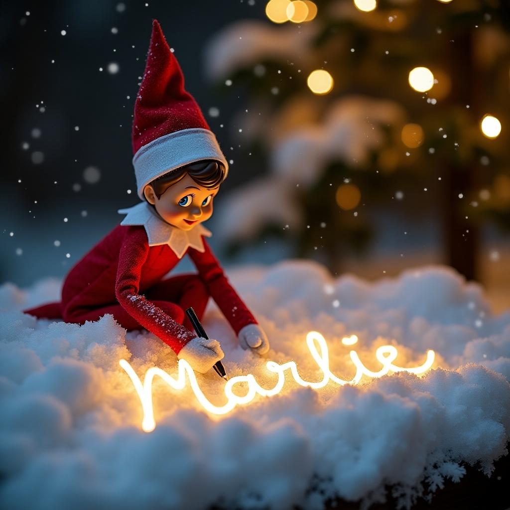 Elf figure sitting in snow writing name Marlie with lights. Soft snowfall surrounds the scene. Holiday spirit emphasized by warm light.