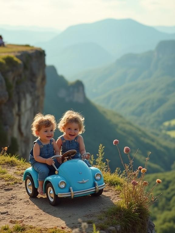 Two joyful toddlers wearing blue jeans ride in a blue miniature car on a cliff edge. They have bright smiles and playful expressions. In the background, a couple sits on a picnic blanket enjoying a panoramic view of valleys and mountains. The scene is warm, filled with adventure and love. Soft golden lighting enhances the late afternoon atmosphere. Wildflowers grow near the cliff's edge. A gentle breeze ruffles the children's hair.