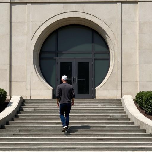 A man walks down stairs in front of a building with a circular window. It is a sunny day. The stairs lead to a large entrance. The structure showcases a modern architectural design with clean lines.