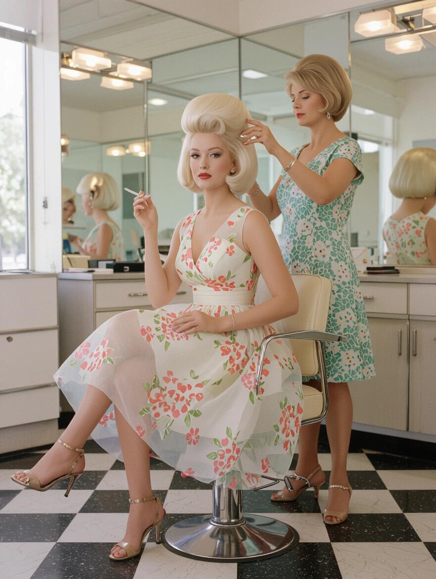 Vintage beauty parlor scene with two women. One woman has platinum blonde beehive hair and holds a cigarette. She is wearing a flowy organza summer dress and high heels. An older woman is styling her hair. The decor is elegant and reflects the 1960s.