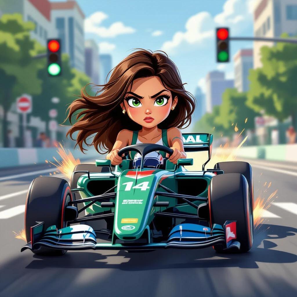 A Latin girl is racing in a high-speed car. The car speeds through a red traffic light. The scene depicts road rage with dynamic elements. The background showcases an urban setting with a summer vibe.