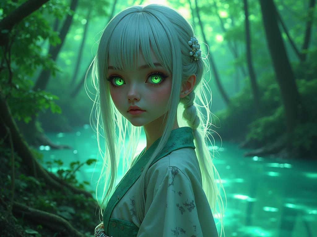 Portrait of a young woman in a bright green forest overlooking a river. She has vivid green eyes, long silver hair, and wears a marble stone kimono. The background features glowing green plants and fireflies in a bright surreal setting.