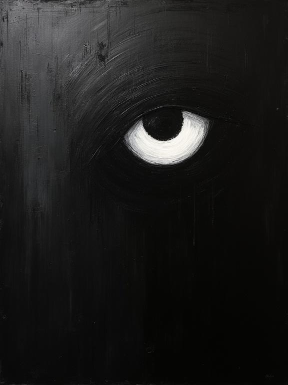 An extremely rough oil painting on a completely black background highlights a giant silhouette eye emerging from the top right corner. The presence of the eye radiates a pixelated glitch-like corruption that erodes the entire image.