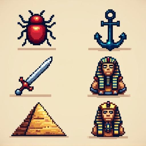 Pixelated game icons featuring scarab bug, anchor, sword, ankh, Horus, and pyramid arranged in a grid layout.