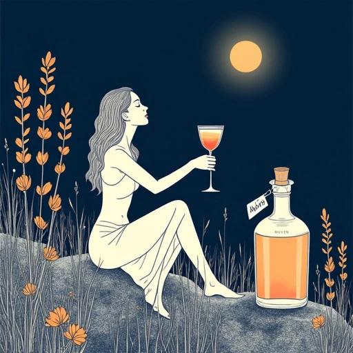 Minimalist line art drawing of a boho woman seated in wildflowers. A toast to the moon with a cocktail glass. An apothecary-style bottle nearby. Thick bold outlines against an indigo background. Zen art inspired.