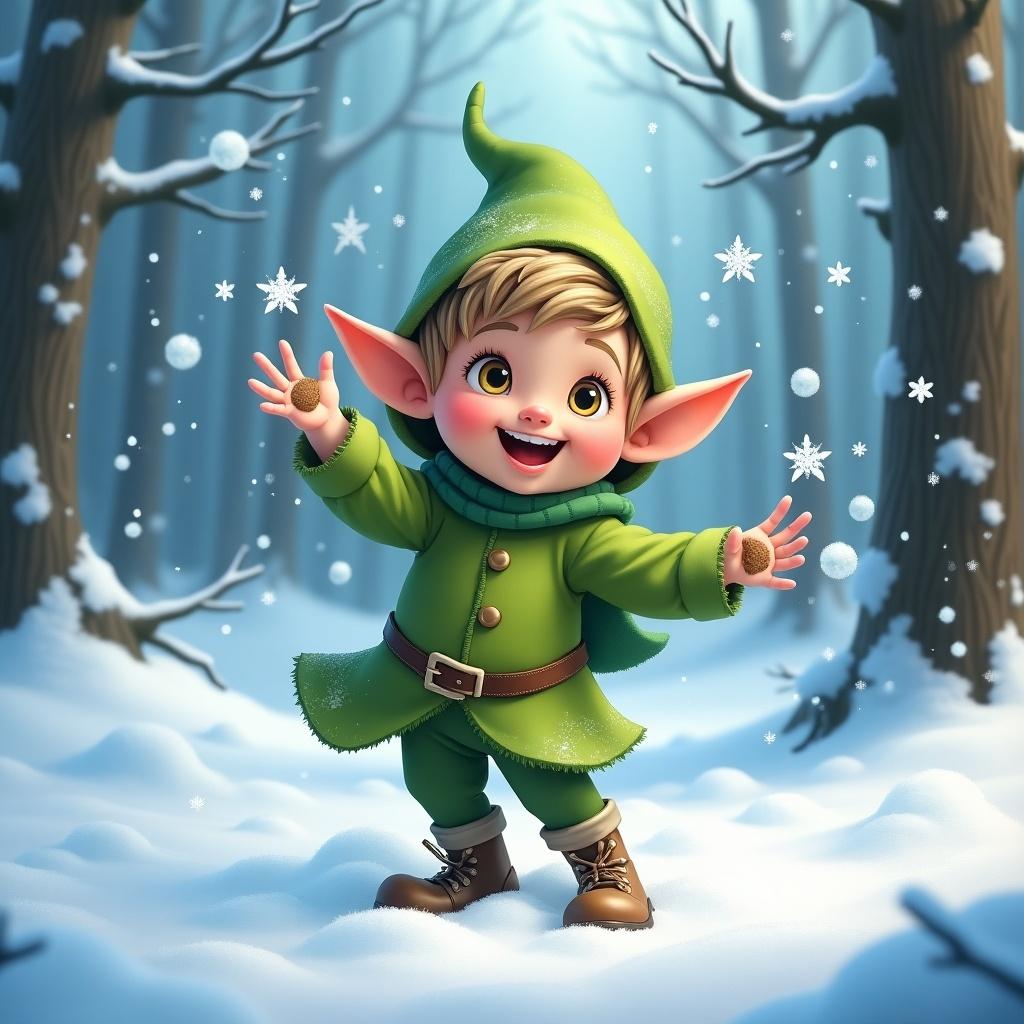 A cute elf named Frosty is joyfully playing in a snowy forest. He is wearing a vibrant green outfit with a matching pointed hat. The scene is filled with falling snowflakes, and the atmosphere is magical. Frosty has big expressive eyes and a wide smile, suggesting excitement and joy. The background features tall, snowy trees creating a whimsical winter wonderland.